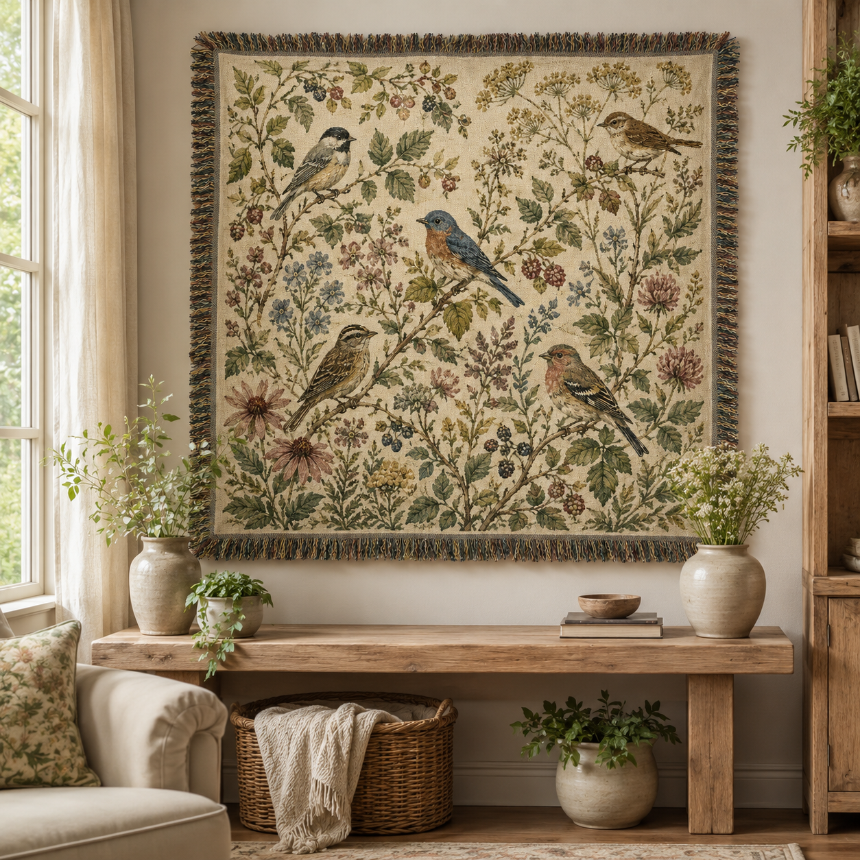Songbird botanical woven blanket displayed as cottage wall tapestry above a wooden console