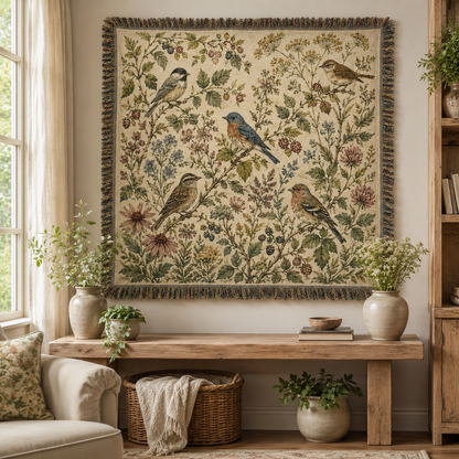 Songbird botanical woven blanket displayed as cottage wall tapestry above a wooden console