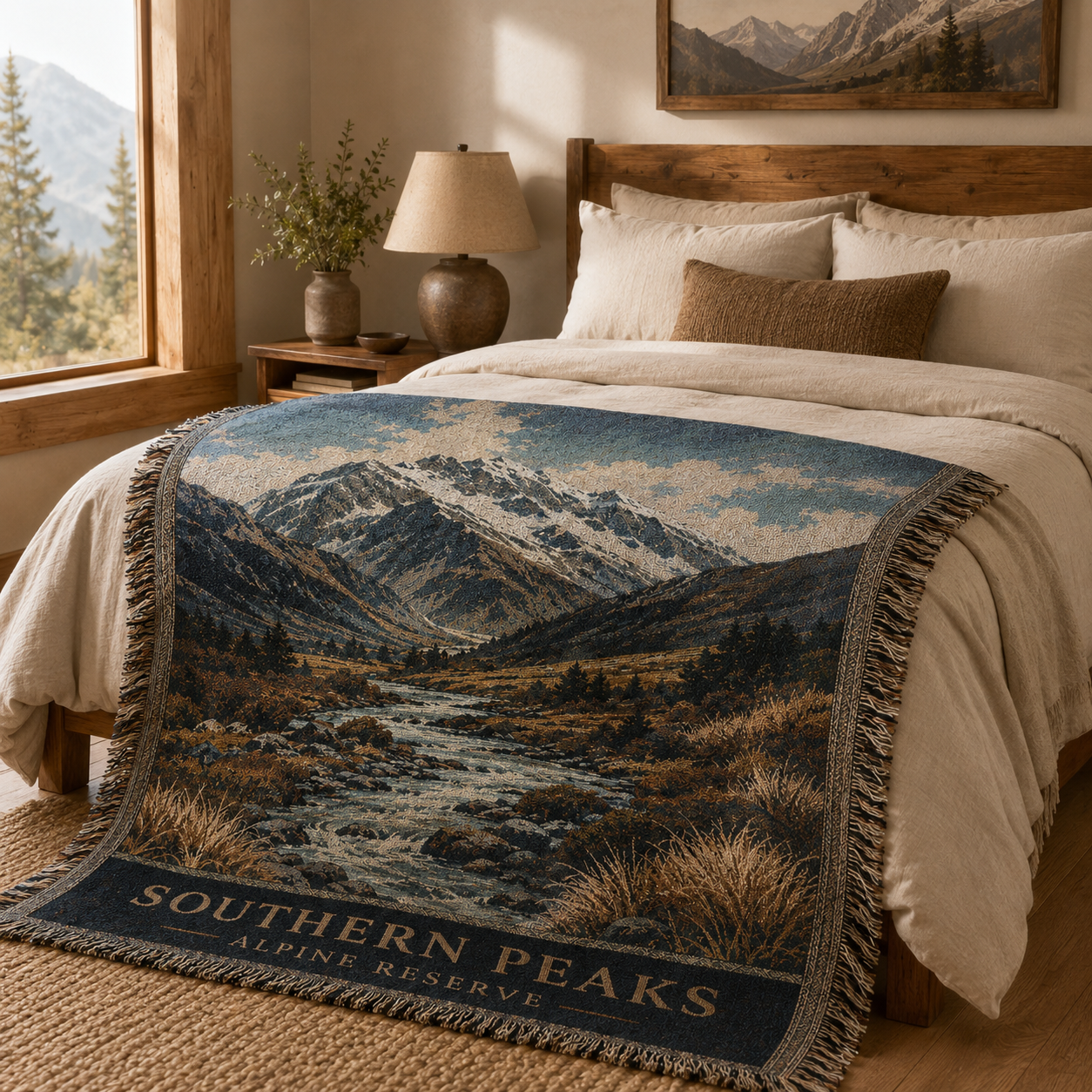 Southern Peaks alpine woven blanket displayed across a rustic bedroom bed