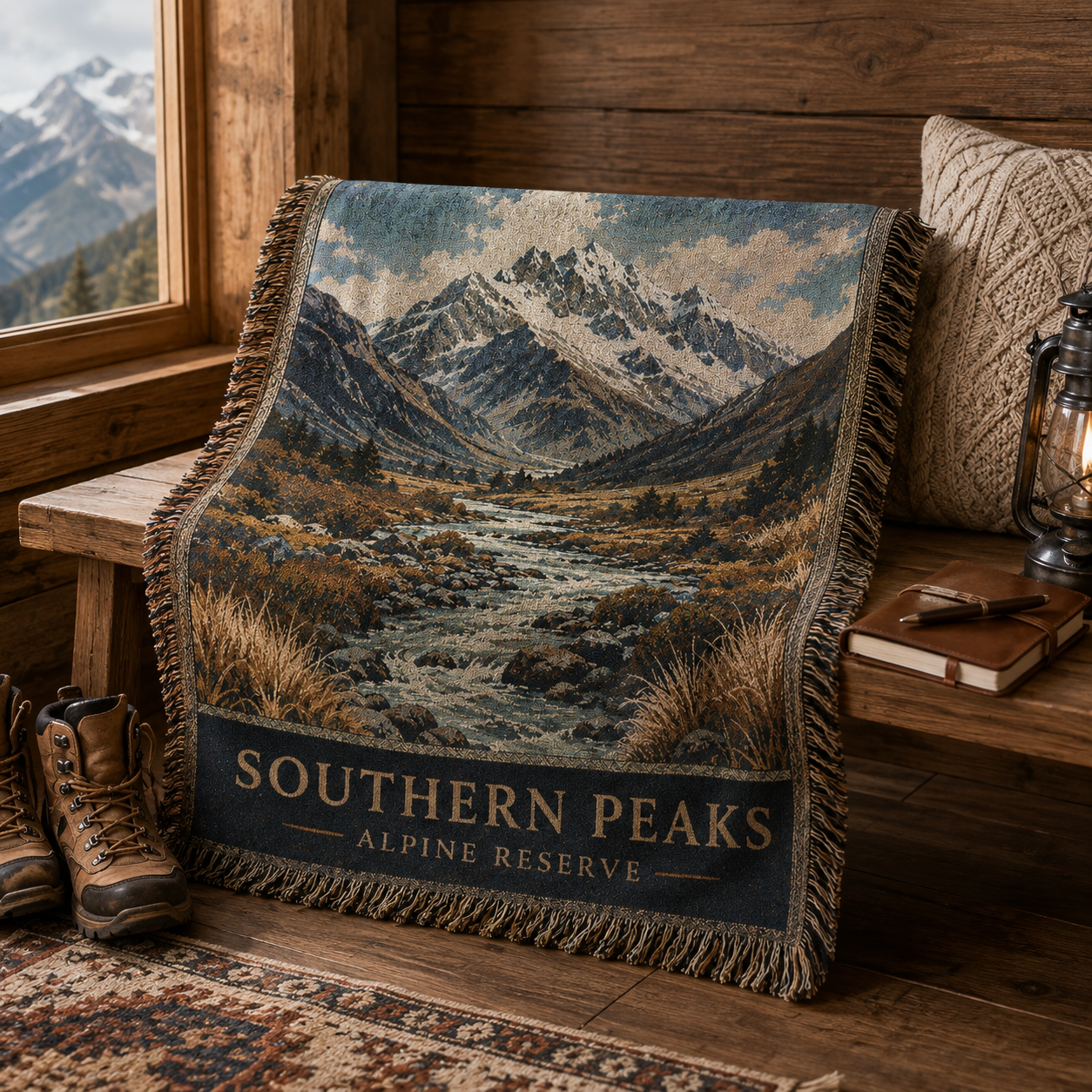 Southern Peaks alpine woven blanket styled in a rustic cabin with hiking decor
