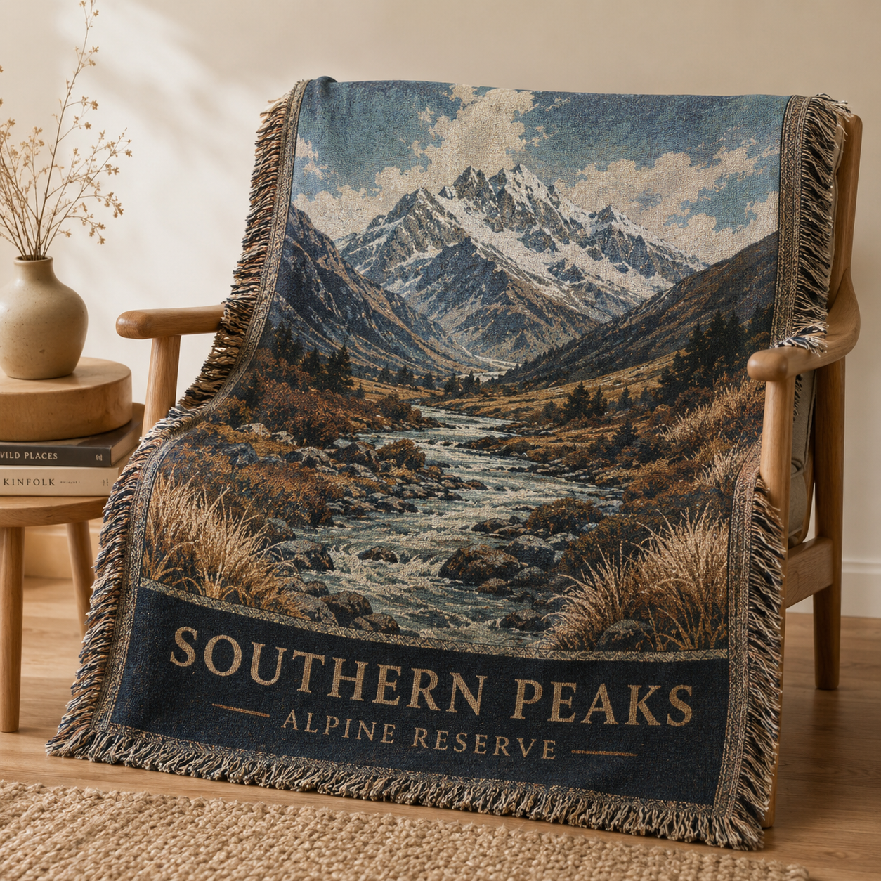 Southern Peaks alpine mountain woven tapestry blanket draped over a wooden chair