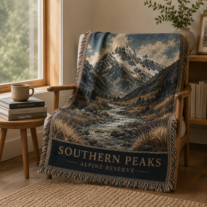 Southern Peaks mountain tapestry throw styled in a cozy reading nook