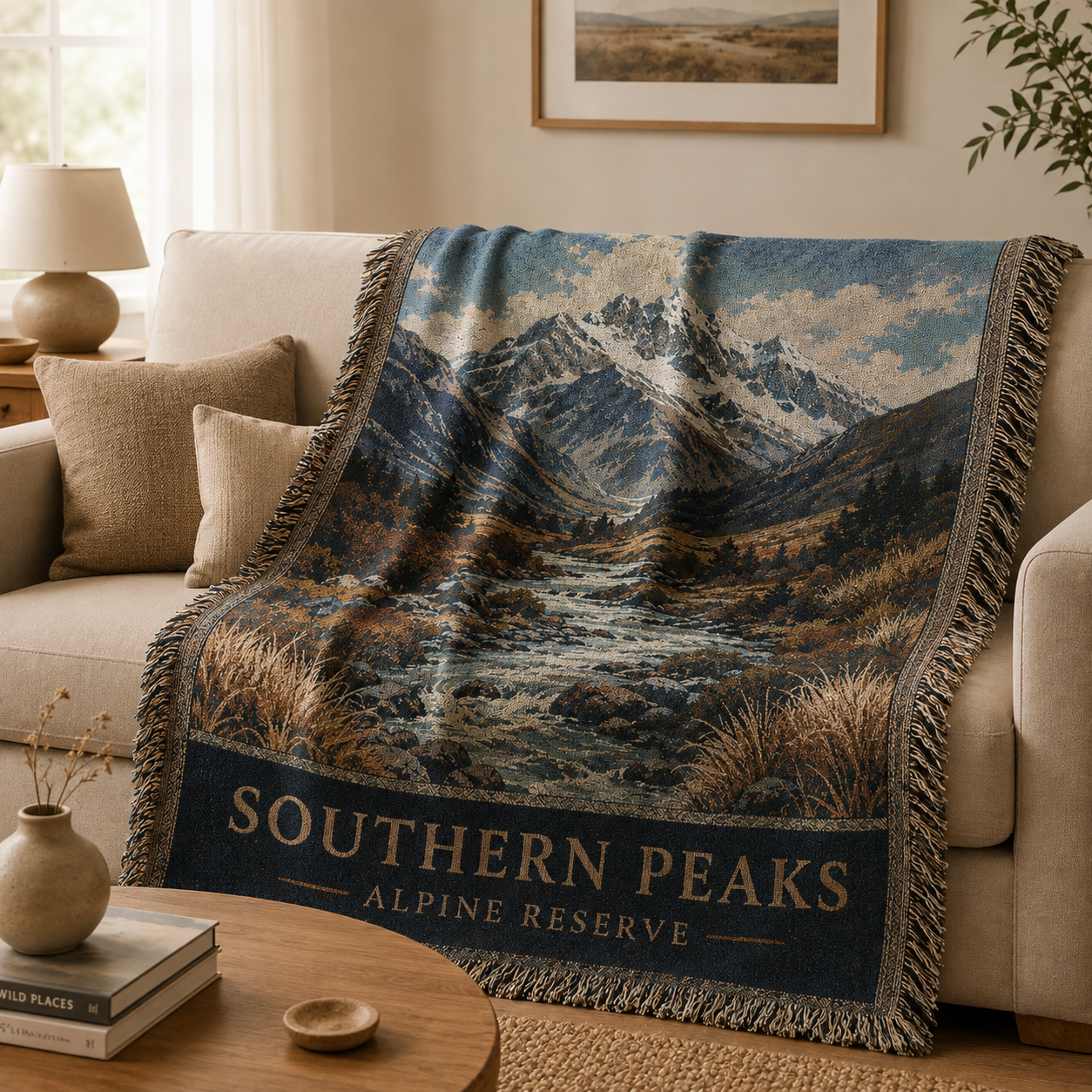 Southern Peaks mountain woven blanket styled on a neutral living room sofa