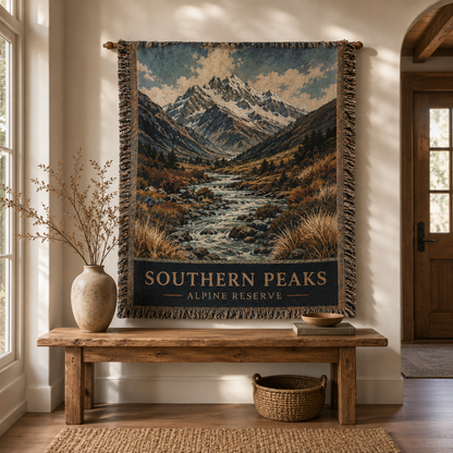 Southern Peaks alpine woven tapestry blanket displayed as rustic wall decor