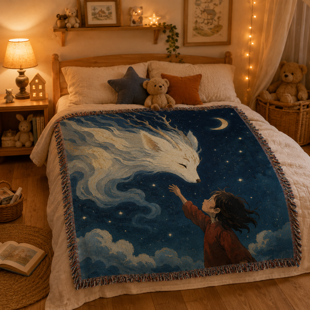 Spirit fox woven blanket styled on a cozy child's bed
