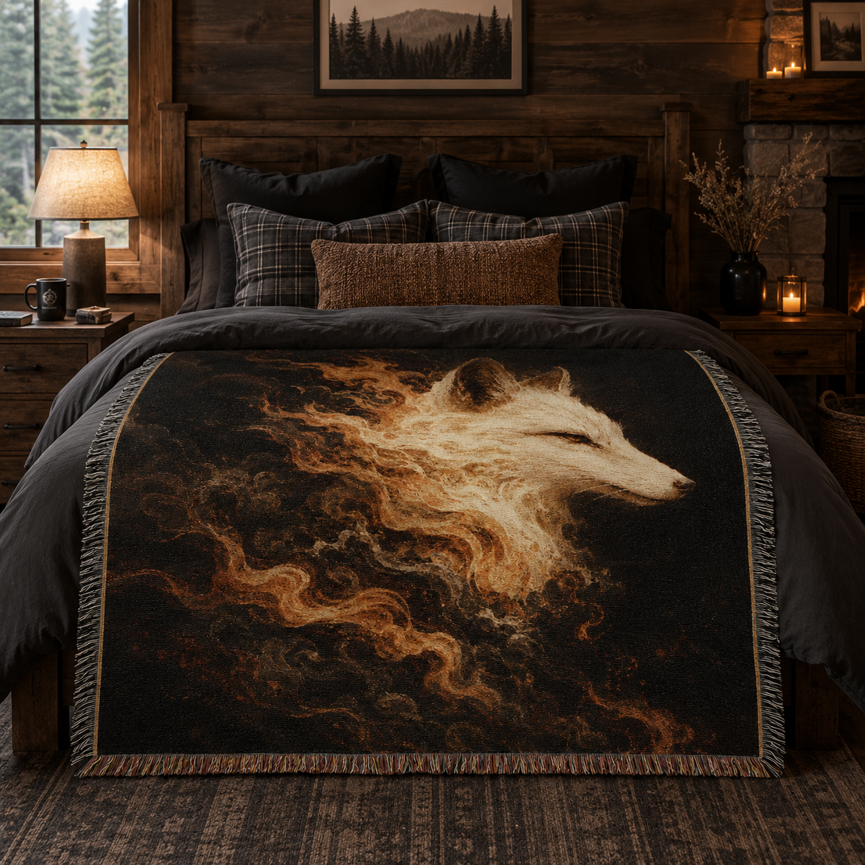 Spirit fox woven blanket across a rustic cabin bed