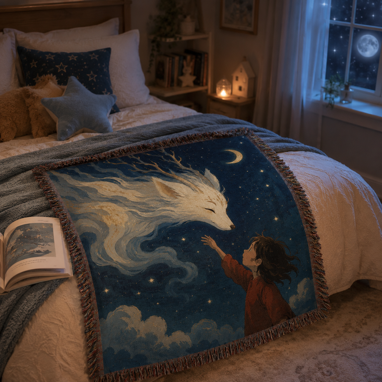 Fantasy woven blanket styled on a bed