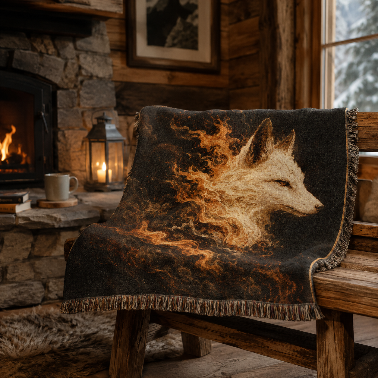 Spirit fox woven blanket draped over a bench beside a fireplace