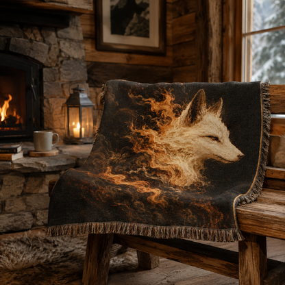 Spirit fox woven blanket draped over a bench beside a fireplace