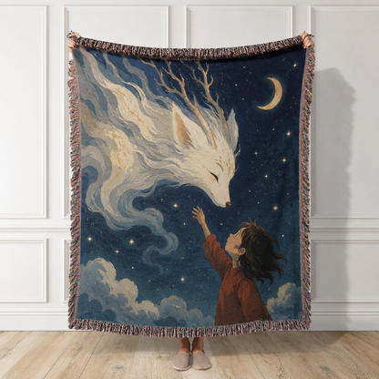 Moonlit spirit fox woven blanket held up for full product view