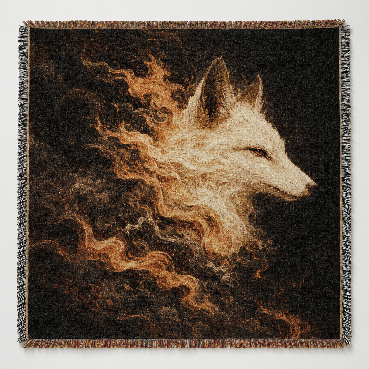 Spirit fox woven blanket with ivory fox and ember smoke artwork