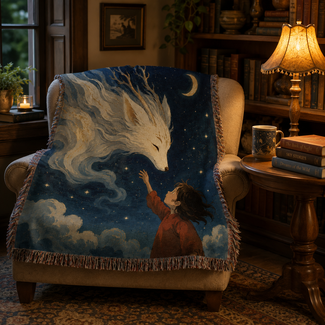Spirit fox woven blanket draped over a reading chair