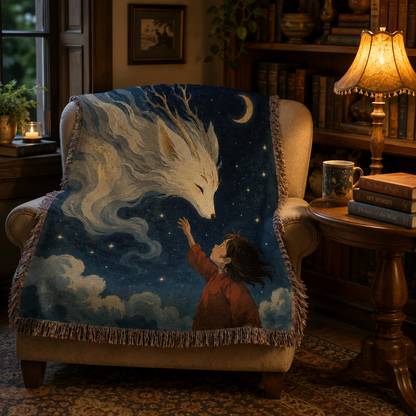 Spirit fox woven blanket draped over a reading chair