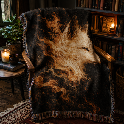 Spirit fox woven blanket in a warm reading nook