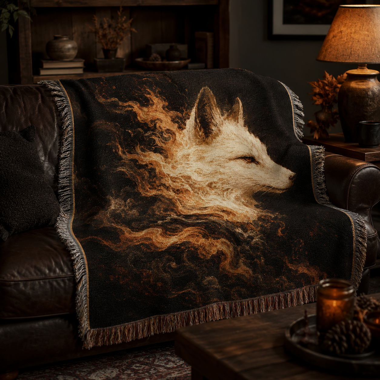 Spirit fox woven blanket styled on a dark leather sofa