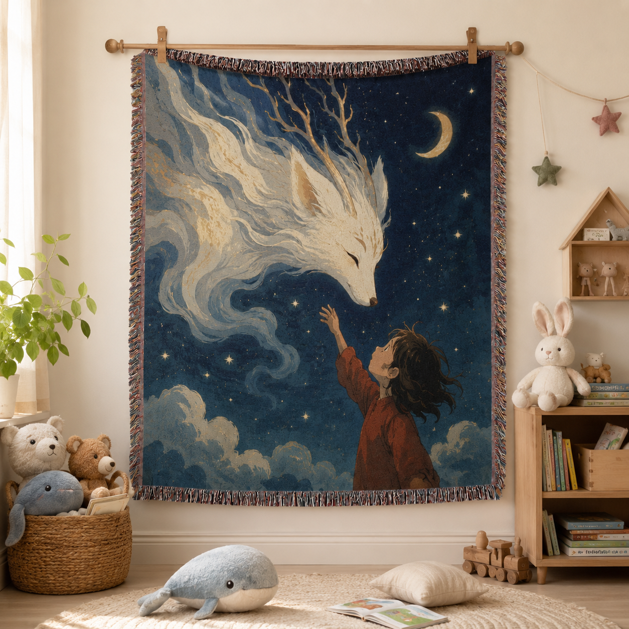 Spirit fox woven blanket displayed as nursery wall decor