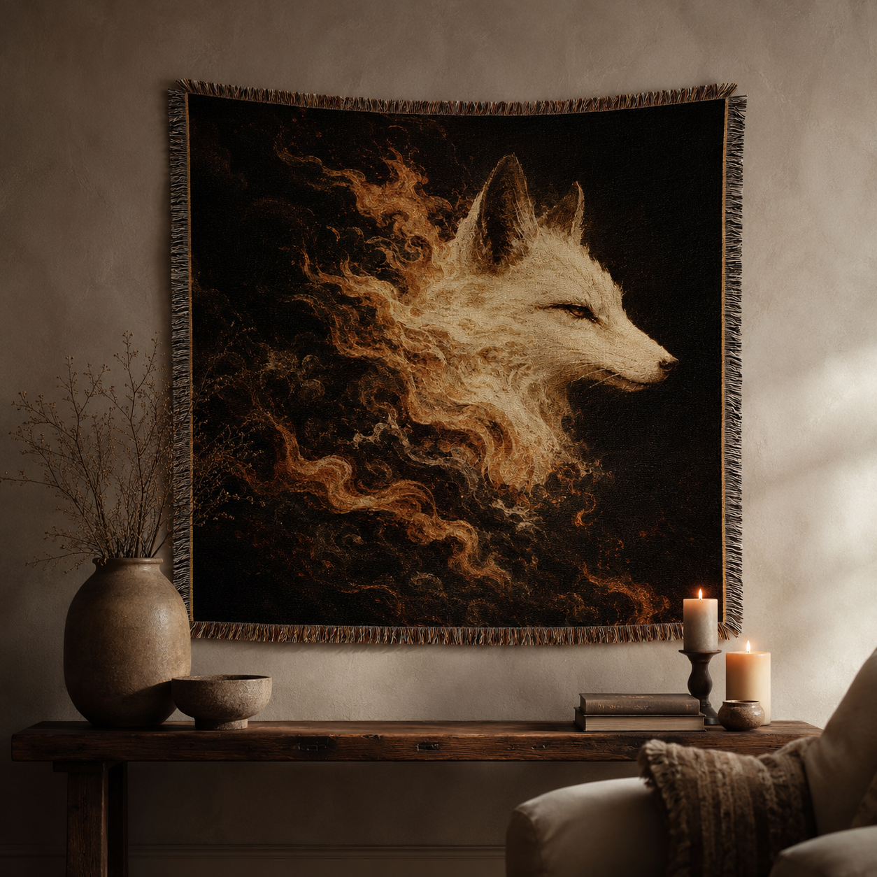 Spirit fox woven blanket displayed as wall tapestry decor