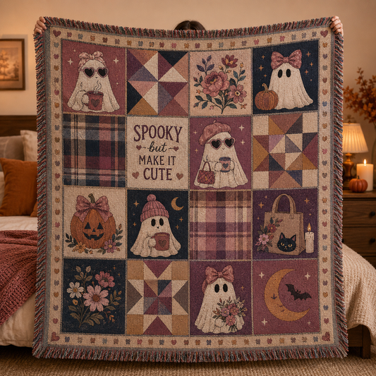 Spooky cute ghost Halloween patchwork woven blanket with plaid florals pumpkins and fringe