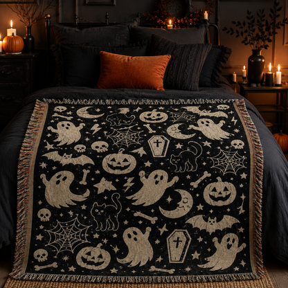 Black Halloween woven throw blanket across a dark bedroom bed with candles and autumn decor