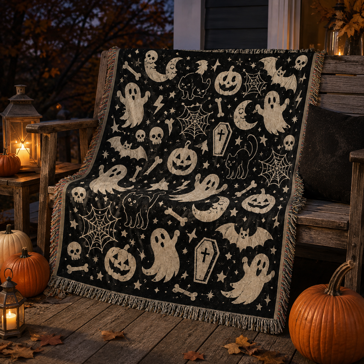 Halloween ghost woven blanket on a rustic autumn porch with lanterns and pumpkins