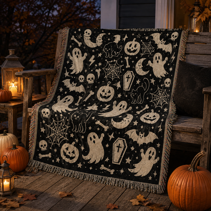 Halloween ghost woven blanket on a rustic autumn porch with lanterns and pumpkins