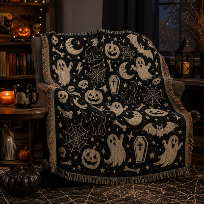 Spooky ghost woven Halloween blanket draped over a reading chair in a candlelit nook