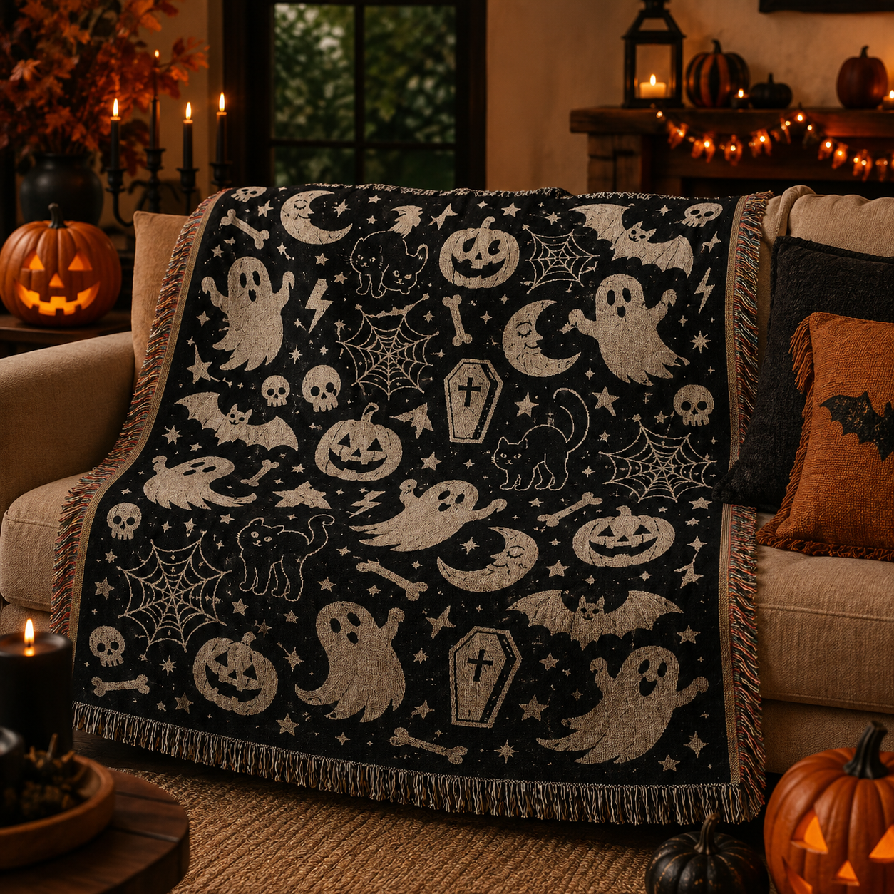 Spooky ghost Halloween woven blanket styled on a cozy sofa with pumpkins and candlelight
