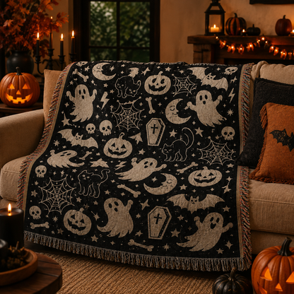 Spooky ghost Halloween woven blanket styled on a cozy sofa with pumpkins and candlelight