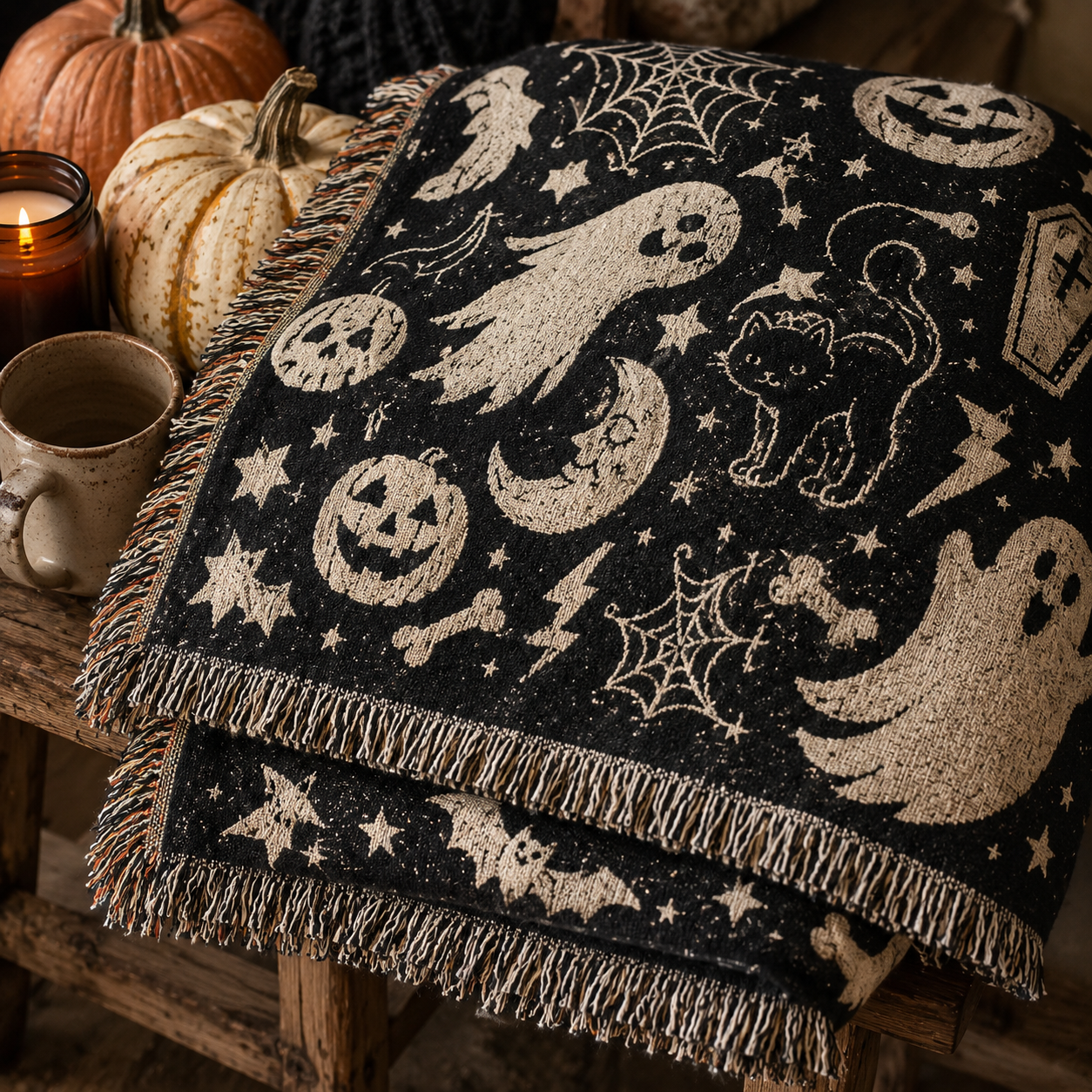 Close-up of Halloween woven blanket texture, fringe, ghosts, pumpkins and black cat pattern