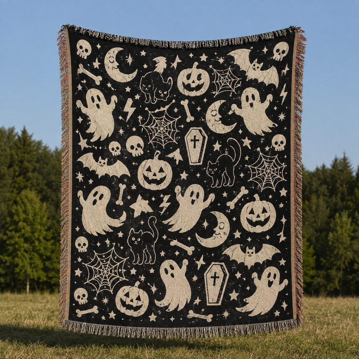 Black and ivory spooky ghost Halloween woven throw blanket with pumpkins, cats and spiderwebs