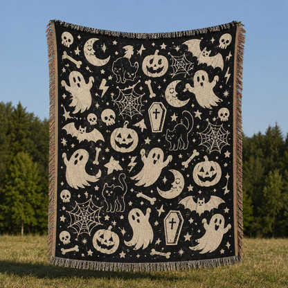 Black and ivory spooky ghost Halloween woven throw blanket with pumpkins, cats and spiderwebs