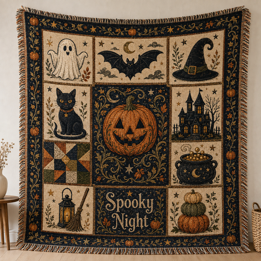 Spooky Night Halloween woven blanket with pumpkin black cat ghost bat witch hat and fringe