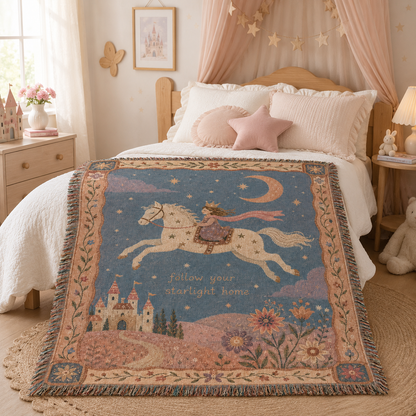 Starlight princess woven blanket styled on a dreamy bedroom bed