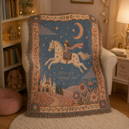 Starlight princess woven blanket draped over a cozy reading chair