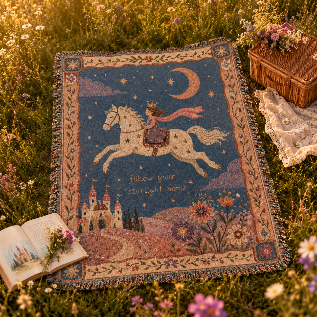 Starlight princess woven blanket styled for a fairytale picnic