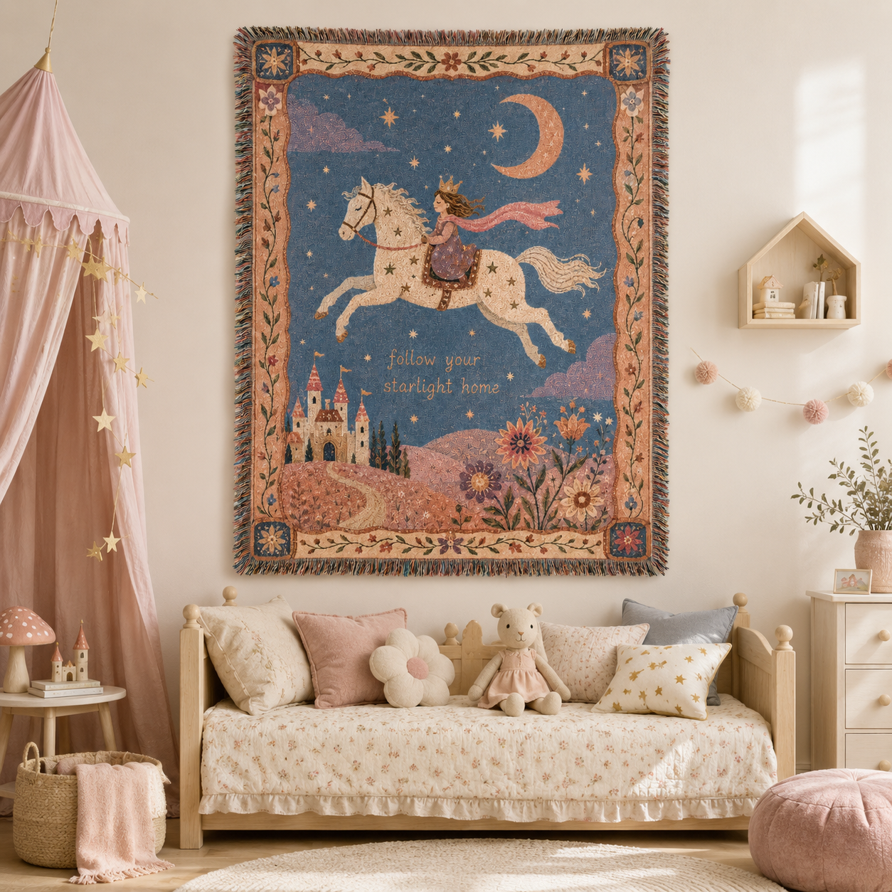 Starlight princess woven blanket displayed as nursery wall tapestry
