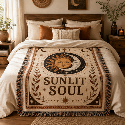 Sunlit Soul celestial woven blanket displayed across a warm boho bed