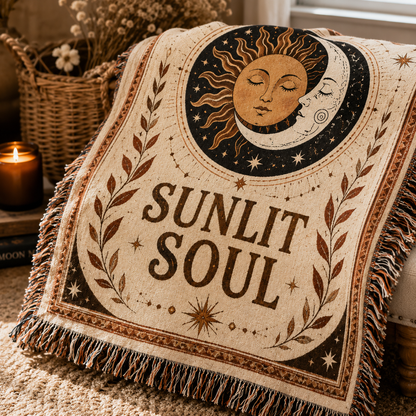 Close-up of Sunlit Soul woven blanket texture, celestial artwork and fringe