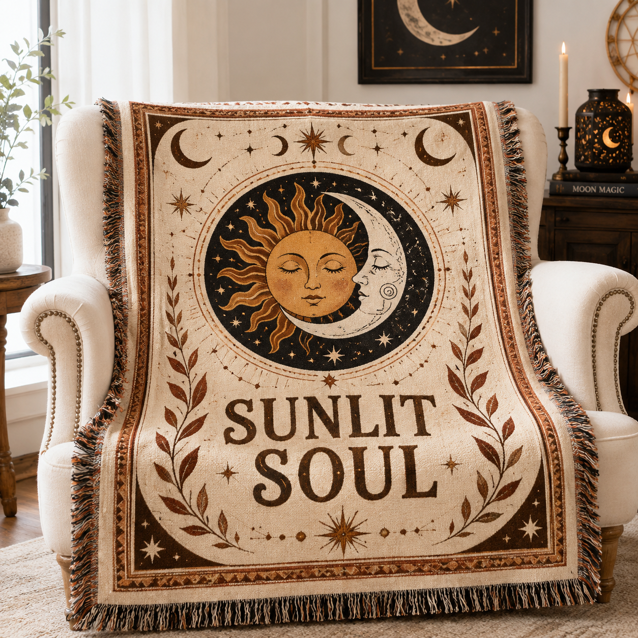 Sunlit Soul celestial woven blanket with embracing sun and moon design