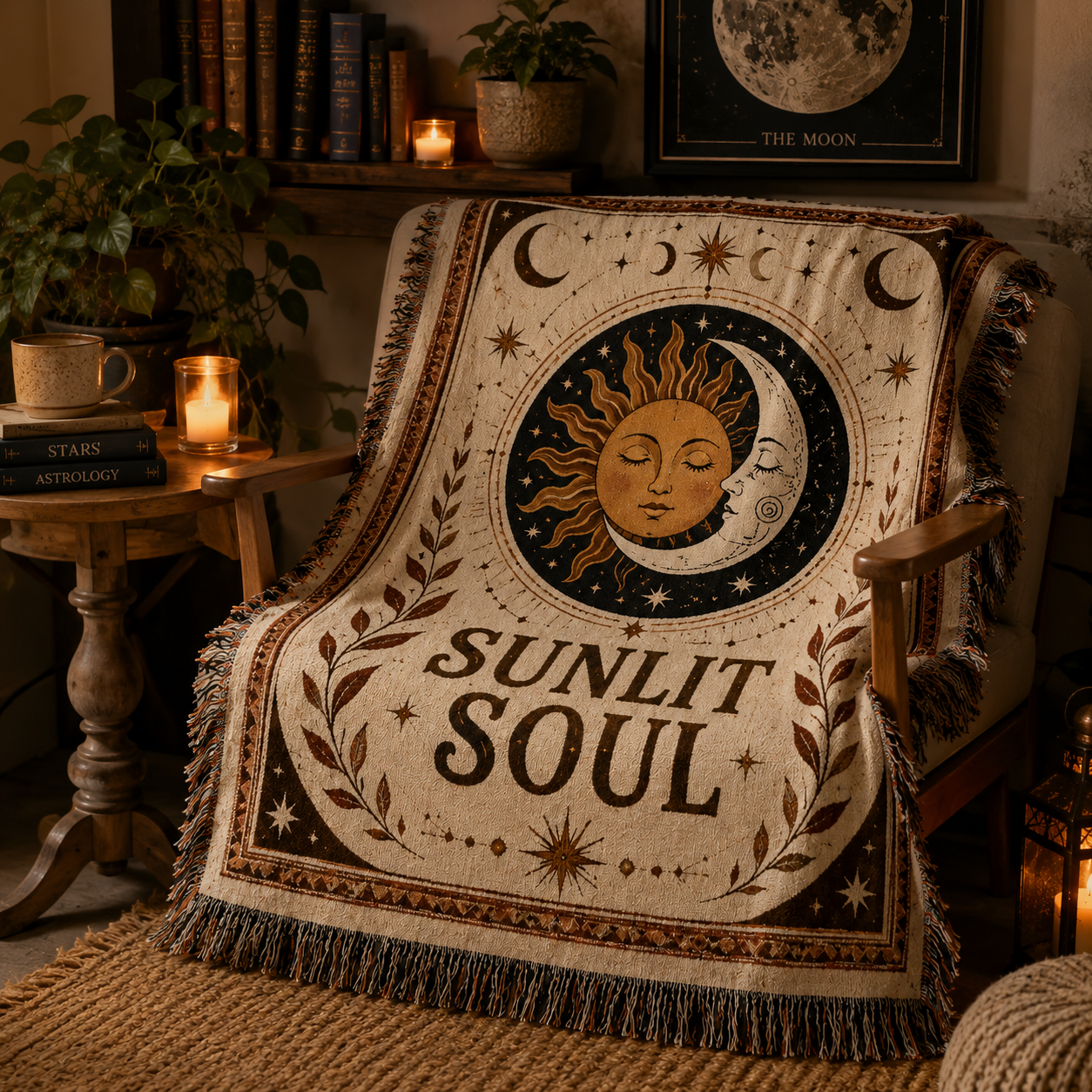 Sunlit Soul sun and moon woven blanket in a candlelit celestial reading nook