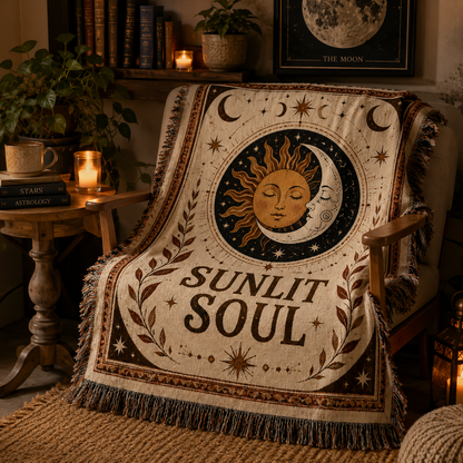 Sunlit Soul sun and moon woven blanket in a candlelit celestial reading nook