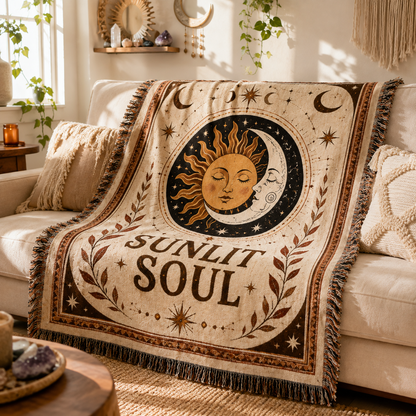 Sunlit Soul sun and moon woven blanket styled on a bohemian sofa