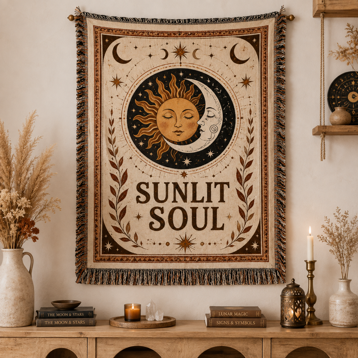 Sunlit Soul celestial woven blanket displayed as boho wall tapestry decor