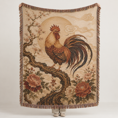 Vintage rooster and peony woven blanket with warm sunrise motif and fringe