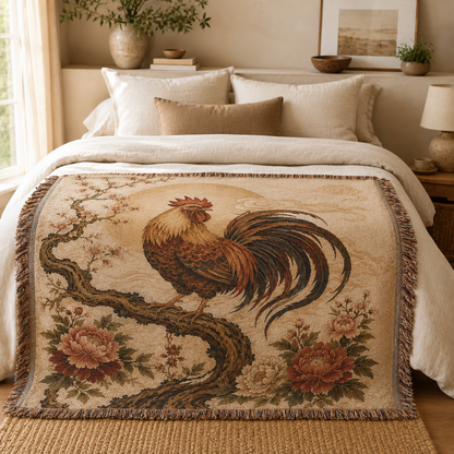 Rooster and peony woven blanket displayed across a neutral bedroom bed