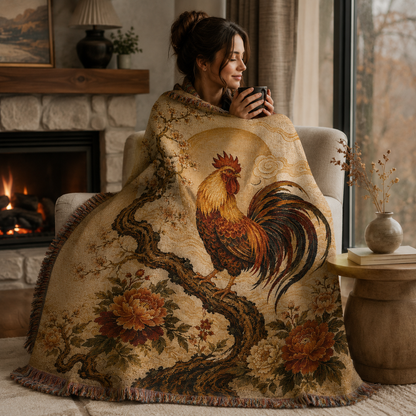 Woman relaxing by a fireplace wrapped in a rooster and peony woven blanket