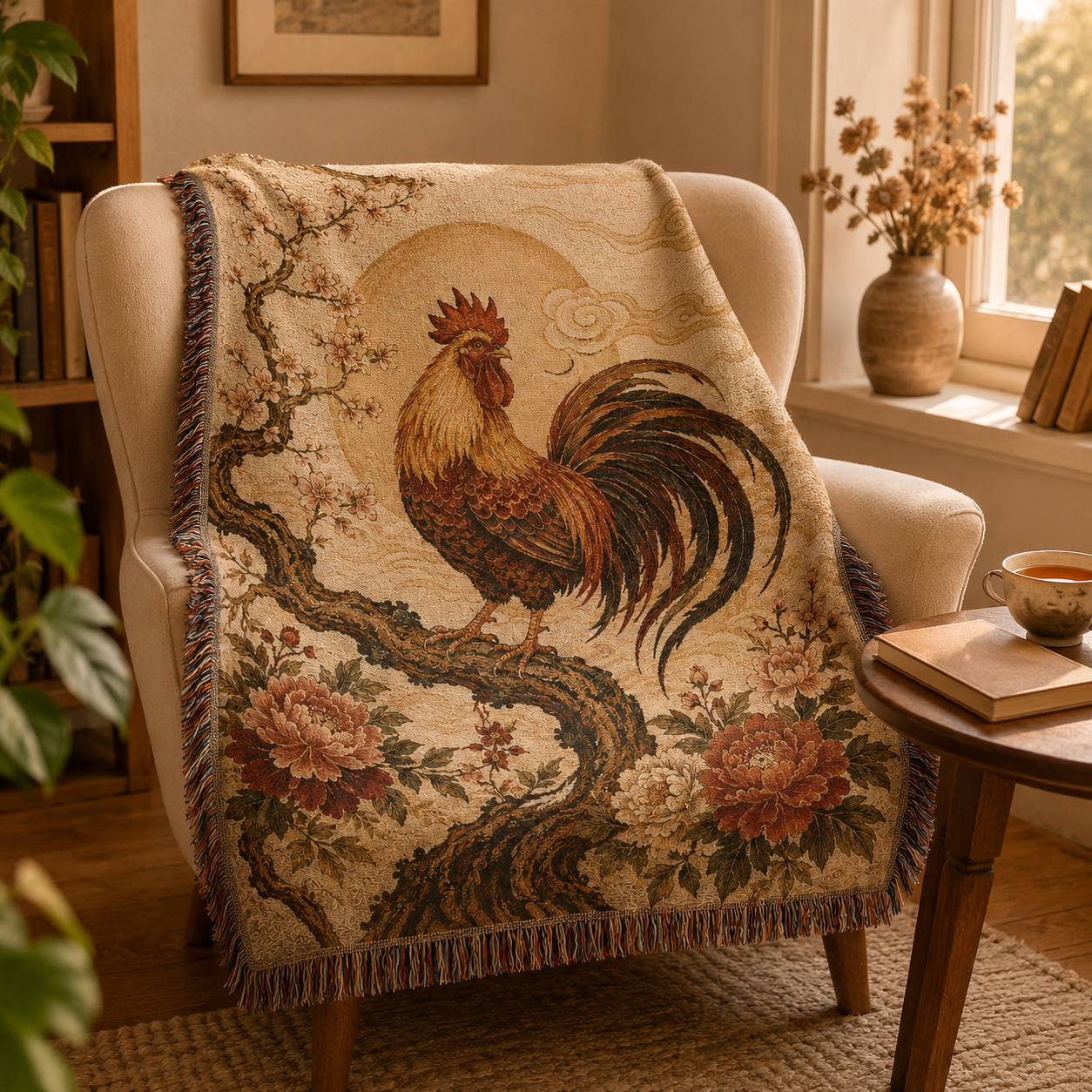 Rooster and peony tapestry blanket styled in a warm reading nook