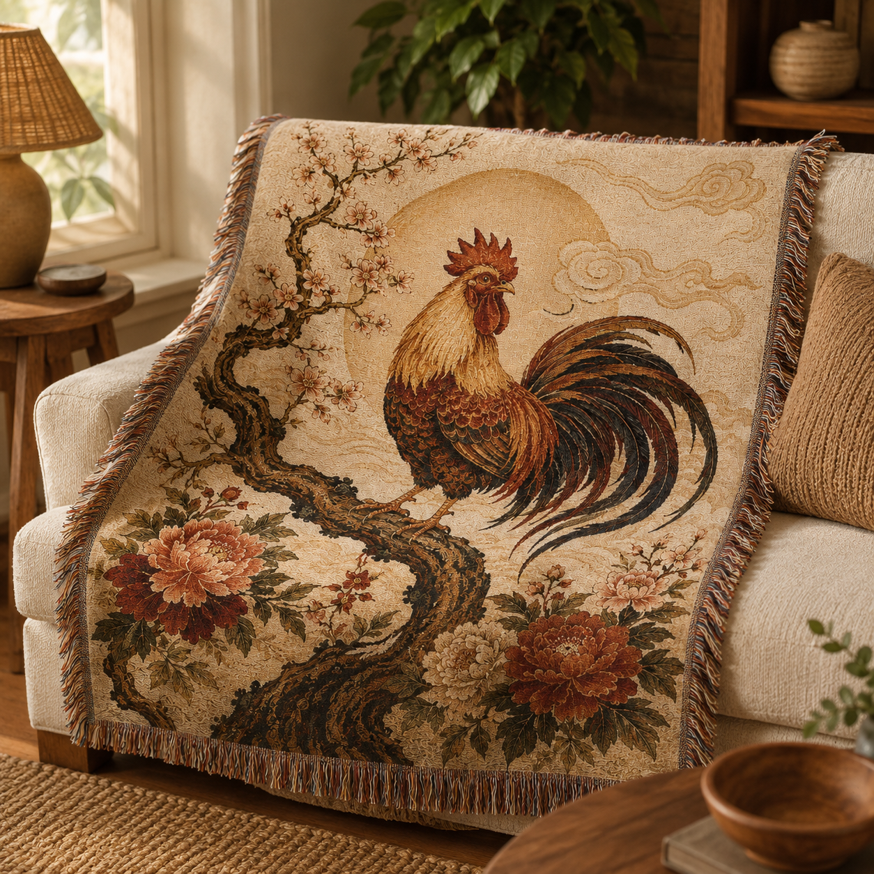 Vintage rooster floral woven blanket draped over a cream sofa