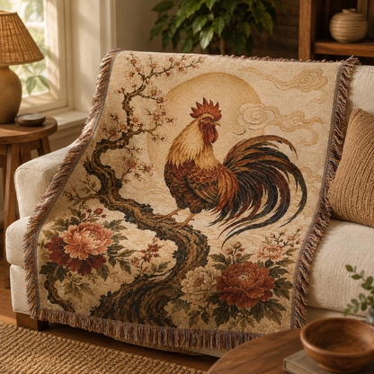 Vintage rooster floral woven blanket draped over a cream sofa