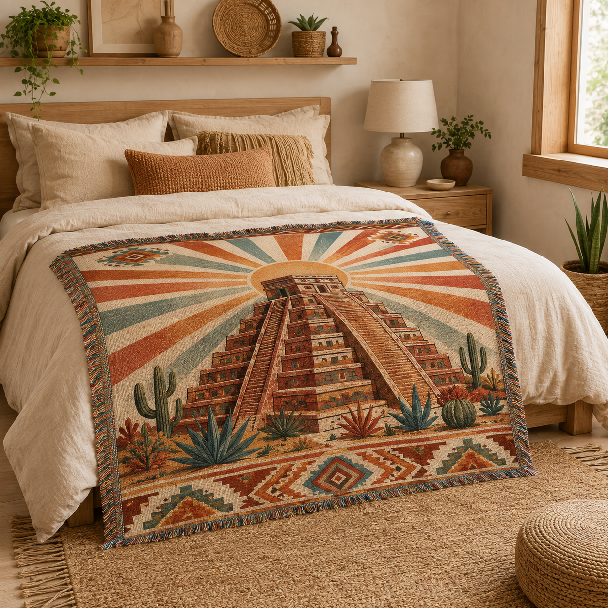 Southwestern sunrise temple woven blanket styled across a warm neutral bed